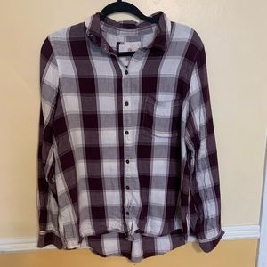 long sleeve, plaid, purple and white flannel.
